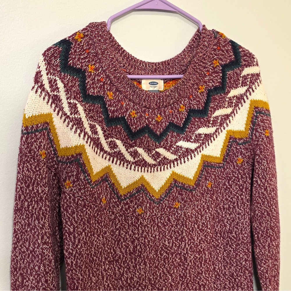 Old Navy Women's Burgundy Fair Isle Crew Neck Sweater M #138